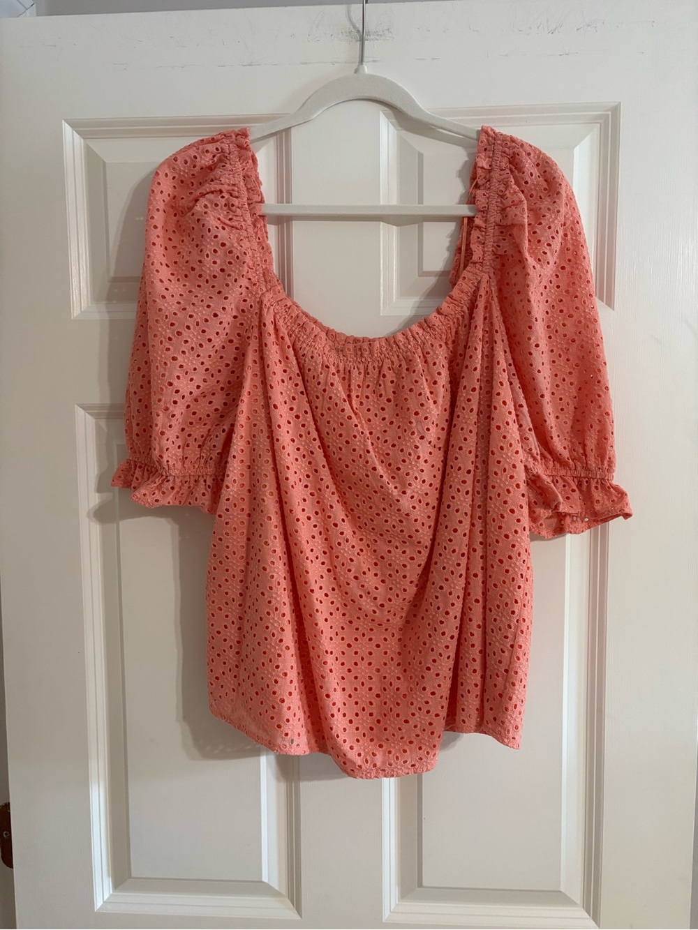 Pomander Place Coral Eyelet Puff-Sleeve Blouse